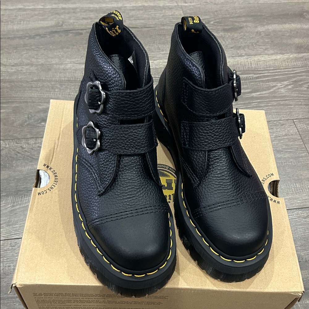 (Sold)Dr. Martens DEVON FLOWER BUCKLE MILLED NAPPA LEATHER PLATFORM BOOTS - Picture 6 of 9